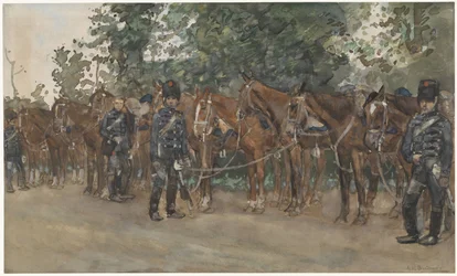 Húsares de pie junto a sus caballos al lado de la carretera