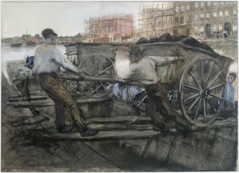 Obreros tirando de un carro muy cargado en Jacob van Lennepkade, Ámsterdam