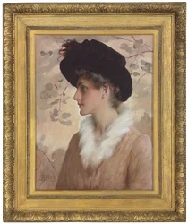 Retrato de una dama, de medio cuerpo, con sombrero negro y estola de piel, 1888