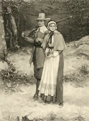 Pareja puritana camino a la adoración dominical