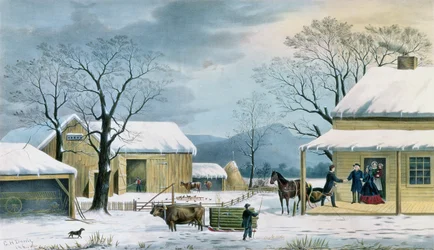 Hogar para Acción de Gracias, grabado por J. Schulfer, publicado por Currier and Ives, 1867