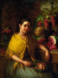 Chica con Bodegón de Sandía y Uvas