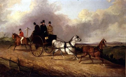 Caballeros en un coche tirado por caballos