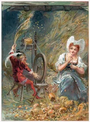 Rumpelstiltskin hilando, ilustración de "Érase una vez" publicada por Ernest Mister, c.1900 (litografía en color)