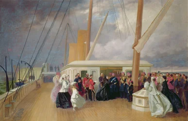 La Reina Victoria invistiendo al Sultán con la Orden de la Jarretera a bordo del Yate Real, 17 de julio de 1867