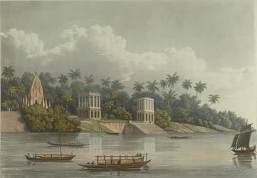 Pagodas hindúes debajo de Barrackpore en el Ganges