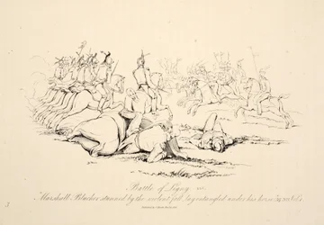 Batalla de Ligny: Marshall Blucher aturdido por la violenta caída quedó enredado bajo su caballo, pub J. Booth, 1816