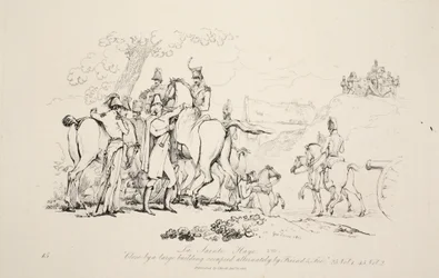 La Sainte Haye: Cerca de un gran edificio ocupado alternativamente por Amigo y Enemigo, pub. J. Booth, 1816