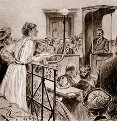 La Srta. Christabel Pankhurst cuestionando al Sr. Herbert Gladstone, 1909
