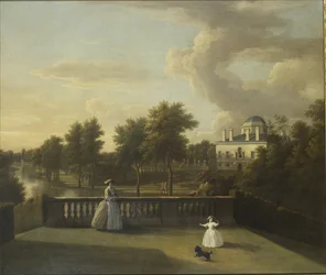 Vista de la Villa Chiswick desde un balcón sobre la cascada con el lago