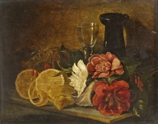 Naturaleza muerta con frutas y flores