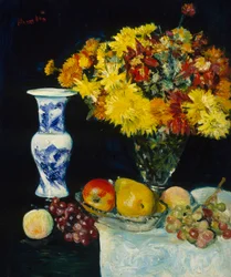 Flores en un jarrón y fruta, c.1897-1931 (óleo sobre lienzo)