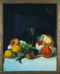 Uvas, Limones y Granadas con Copas de Vino Blanco y Pan