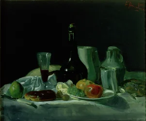 Naturaleza muerta - Botella y fruta