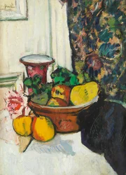 Naturaleza muerta con fruta y rosa rosa