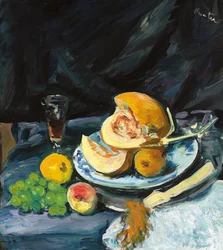 Naturaleza muerta con melón cortado, vaso y abanico, c. 1920