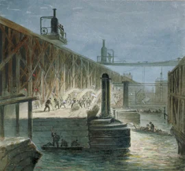 Trabajos de demolición en el puente Blackfriars desde la orilla de Surrey, Londres, 1865