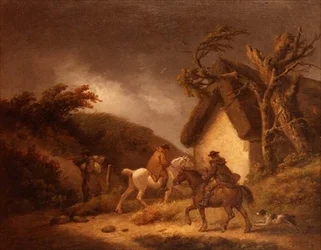 Un paisaje boscoso tormentoso con viajeros