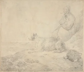 Pescador y perro sentados junto a la costa