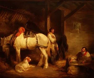 Trabajadores y caballos de tiro en un establo