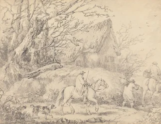 Paisaje con cabaña y figuras a caballo