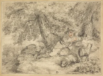Pastorcillo con corderos en el bosque