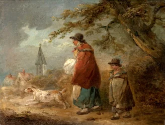 Mujer, niño y perro en un camino