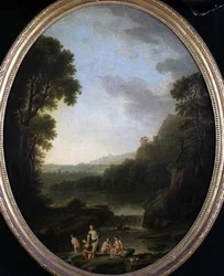 Un paisaje boscoso con bañistas