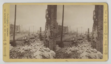 Estereografía de la calle Washington desde la esquina de LaSalle Street mirando al este después del incendio de Chicago de 1871, 1871