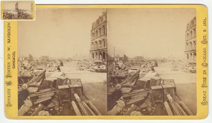 Estereografía de cajas fuertes sacadas de las ruinas en Dearborn Street después del incendio de Chicago de 1871, 1871