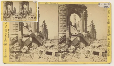 Estereografía del Bryan Block en la esquina noroeste de Monroe y LaSalle Streets después del incendio de Chicago de 1871, 1871