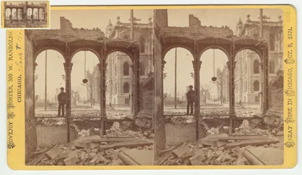 Estereografía del juzgado visto a través de las ruinas del lado este de Clark Street después del incendio de Chicago de 1871, 1871