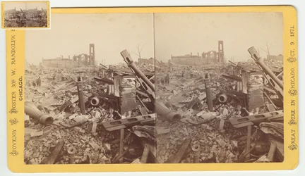 Estereografía de las ruinas de la tienda Mammoth de Field & Leiter después del incendio de Chicago de 1871, 1871