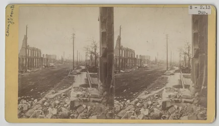 Vista estereográfica de Clark Street después del incendio de Chicago de 1871