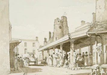 Old Market Place, Swansea (aguada sepia y lápiz sobre papel)