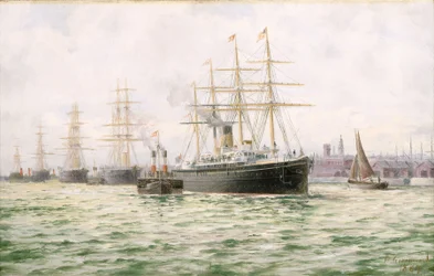 El buque de vapor "Adriatic" de la White Star Line saliendo de Liverpool, finales del siglo XIX (pintura al óleo)