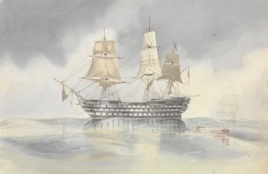 El "Britannia" viró en calma para recibir a un barco, probablemente cerca del Cabo Cartago, que enarbolaba la bandera del Contraalmirante Dundas, 27 de abril de 1852.