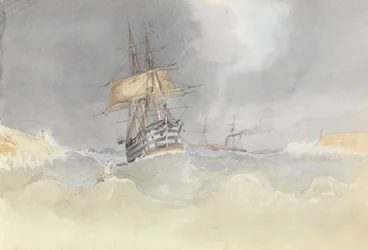 El HMS "Trafalgar" navegando hacia el puerto de Malta con la cabeza del timón perdida tras un vendaval, 9 de febrero de 1852