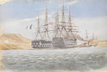 El "Charlemagne" con el "Trafalgar" abandonan Port Mahon remolcados por el "Firebrand".
