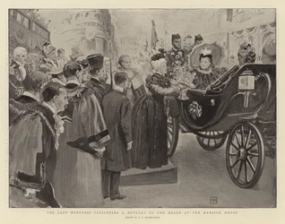 La Dama Mayoress presentando un ramo a la Reina en la Mansion House