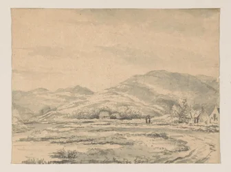 Paisaje de colinas con algunas casas y un río a la izquierda