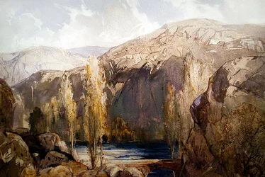 Un río que fluye por un desfiladero rocoso (acuarela sobre papel)