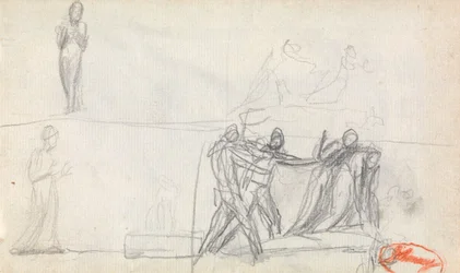 Escena colectiva y dos bocetos de una figura de pie