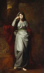 Il Penseroso, o Melancolía: Una figura femenina, de cuerpo entero, vestida con túnicas verde pálido, de pie en un paisaje, apoyando su codo izquierdo en un pedestal con un friso clásico