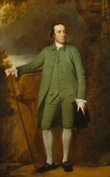 Retrato de George Morewood, de cuerpo entero, con un abrigo verde, chaleco y calzones, sosteniendo un sombrero en su mano izquierda y un bastón en su derecha
