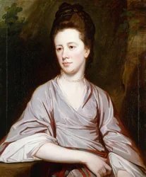 Retrato de la señorita Joan Knatchbull, sentada medio cuerpo, vistiendo un vestido malva y un collar de perlas