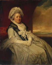 Retrato de la Sra. Uppleby, sentada tres cuartos de longitud, con vestido blanco y sombrero con chal negro