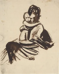 Estudio de retrato de una mujer sentada que sostiene a un niño