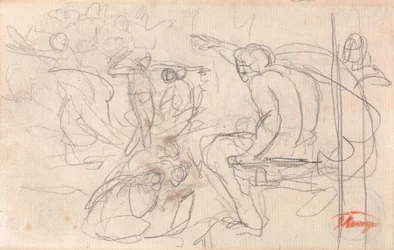 Figura posiblemente sentada que pronuncia un juicio sobre una figura arrodillada