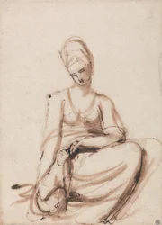 Mujer sentada alimentando a un animal